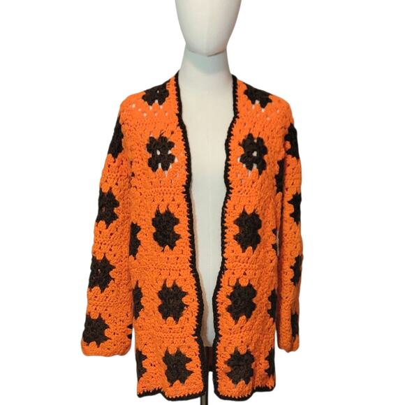 Crochet Flower Cardigan Retro Y2K Boho Sweater Orange Brown 70s Medium Large - Picture 10 of 12